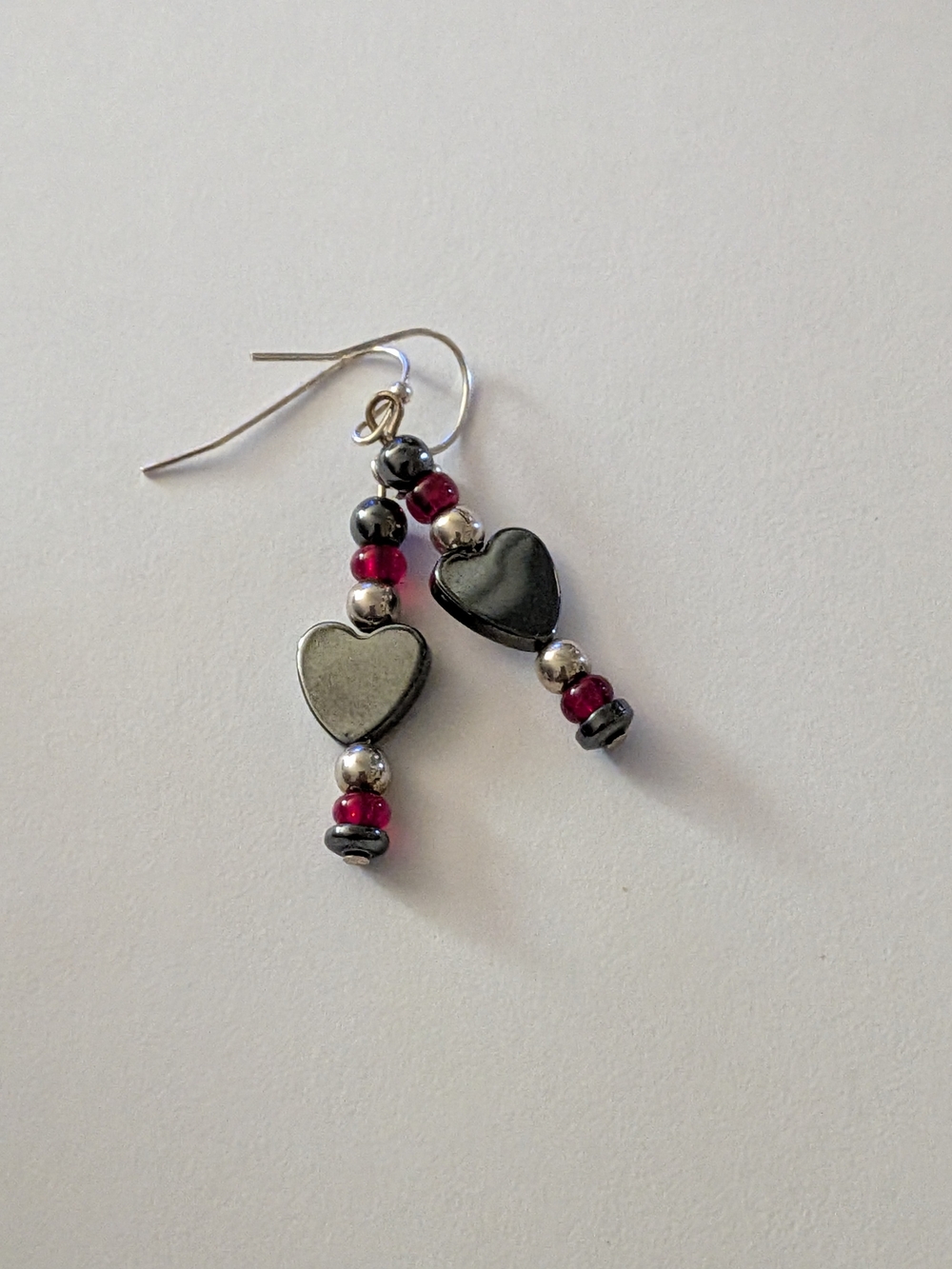 Hematite Heart Dangle Earrings in Black and Red